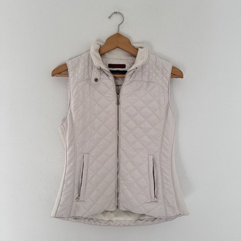 Zara Puffer Vest Womens Medium White Zip Up Quilted Outerwear Pockets Classic